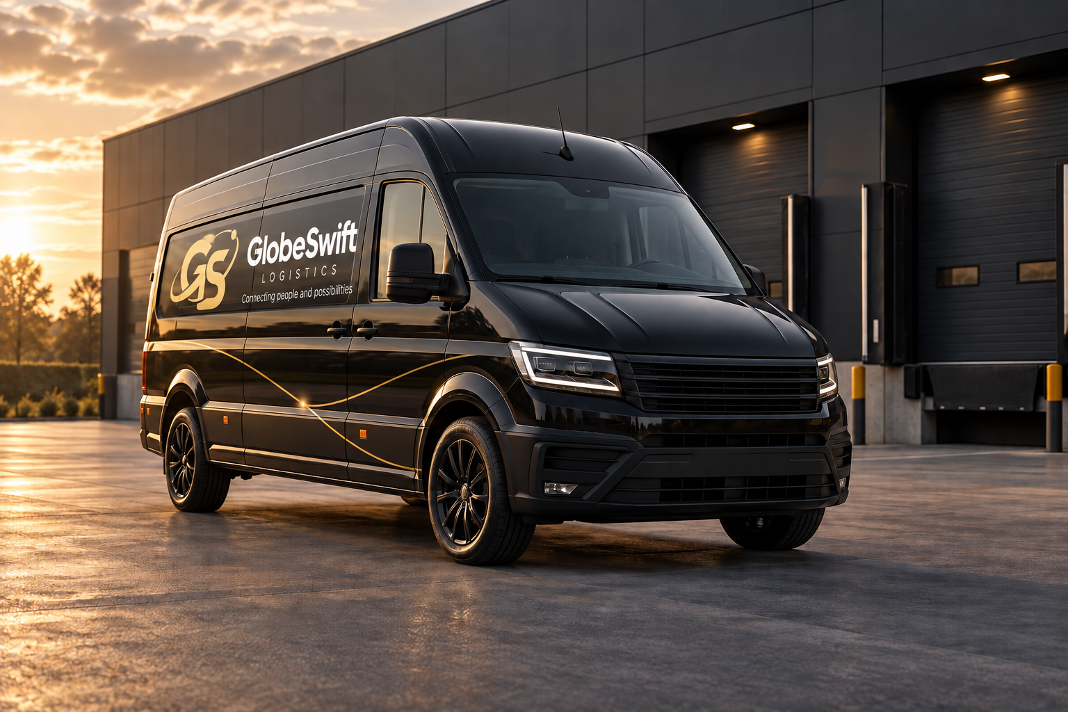 Delivery van at a logistics facility, brand illustration